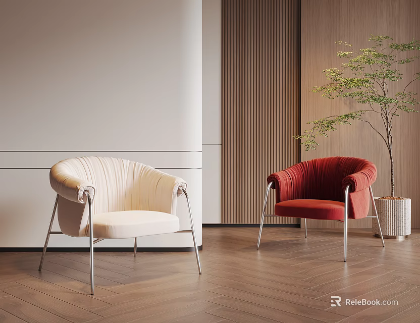 Cream And Red Ribbed Accent Chairs With Metal Legs In Modern Interior With Potted Plant 3d model 