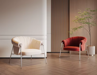 Cream And Red Ribbed Accent Chairs With Metal Legs In Modern Interior With Potted Plant 3d model