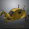 Golden Steampunk Style Water Vehicle With Horse Shaped Head Round Windows And Decorative Wheels