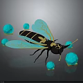 Turquoise Winged Wasp With Black And Yellow Stripes On Shiny Gemstone Background