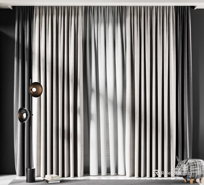 Gray Striped Curtains Design With Decorative Hooks And Light Shadow Effect 3d model 