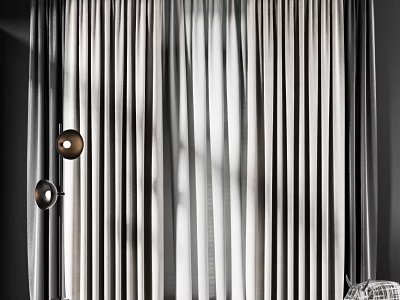 Gray Striped Curtains Design With Decorative Hooks And Light Shadow Effect 3d model