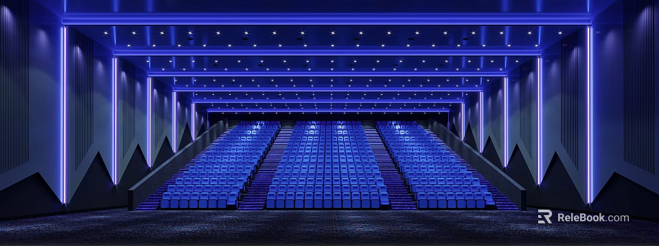 Modern Cinema Interior Design With Blue Seats Lighting And Staggered Seats 3d model 