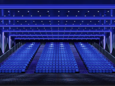 Modern Cinema Interior Design With Blue Seats Lighting And Staggered Seats 3d model