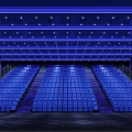 Modern Cinema Interior Design With Blue Seats Lighting And Staggered Seats