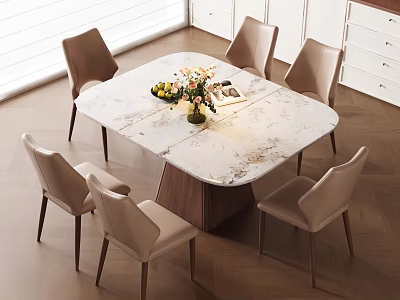 Elegant Modern Marble Dining Table Set With Comfortable Leather Chairs For Cozy Home Dining Space 3d model