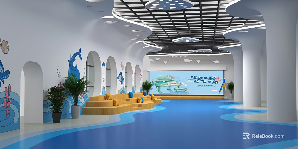 Ocean Themed Indoor Space With Whale Murals And Sofas 3d model