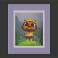 Cute Cartoon Character In Yellow Raincoat Inside Purple Frame With Rainy Green Plants