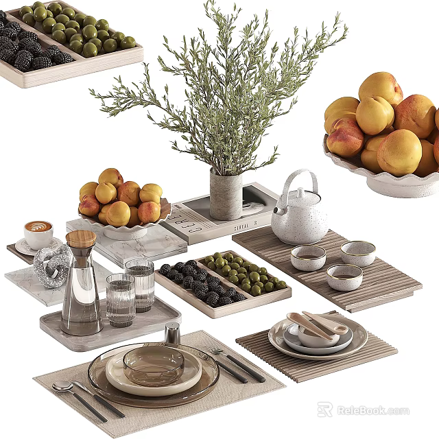 Decorative Ornament Set With Olive Branch Peaches Teapot Trays Plates And Glassware 3d model 