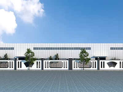 Modern Factory Building Gate Exterior With Blue Sky And Green Trees 3d model