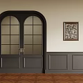 Interior With Black Arched Double Doors Glass Panes Decorative Painting Wainscoting And Parquet Flooring
