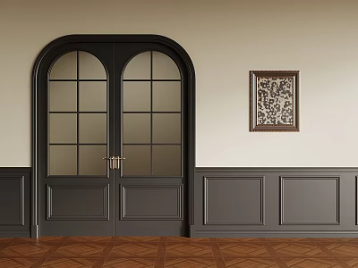 Interior With Black Arched Double Doors Glass Panes Decorative Painting Wainscoting And Parquet Flooring 3d model