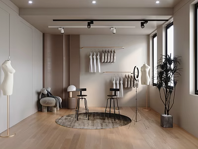 Modern Clothing Showroom Interior With Mannequins Stools And Plant 3d model