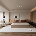 Modern Serene Bedroom Interior With Comfortable Bed Wooden Wardrobe And Cozy Armchair
