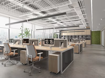 Modern Public Office Space with Open Layout Desks Computers Large Windows and Green Plants 3d model