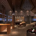Modern Restaurant Interior With Wooden Counter Display Shelves And Ambient Lighting