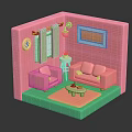 Cute Cartoon Room Scene With Pink Sofa Green Carpet Clock Curtains And Decorative Elements