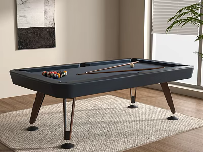 Modern Entertainment Pool Table with Dark Surface Wooden Legs Colorful Balls and Pool Cues 3d model