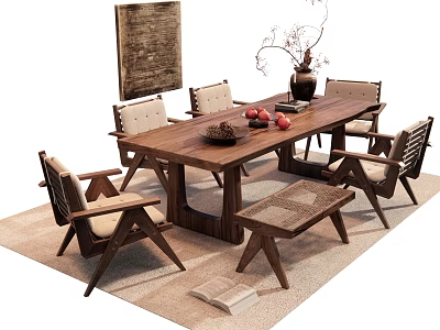Rustic Wooden Dining Table Set with Chairs Bench Vase Fruits Rug and Painting 3d model