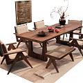 Rustic Wooden Dining Table Set with Chairs Bench Vase Fruits Rug and Painting