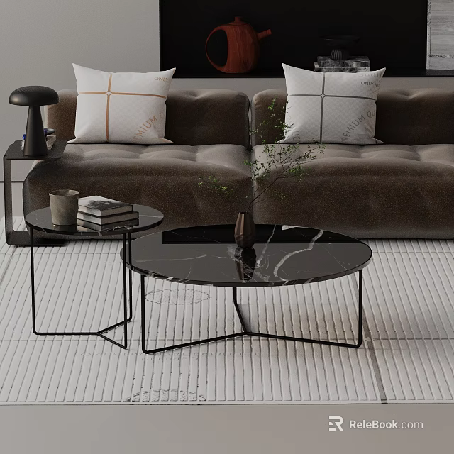 Modern Brown Sofa With Decorative Pillows And Black Frame Marble Coffee Table On Area Rug 3d model 