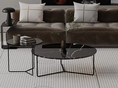 Modern Brown Sofa With Decorative Pillows And Black Frame Marble Coffee Table On Area Rug 3d model
