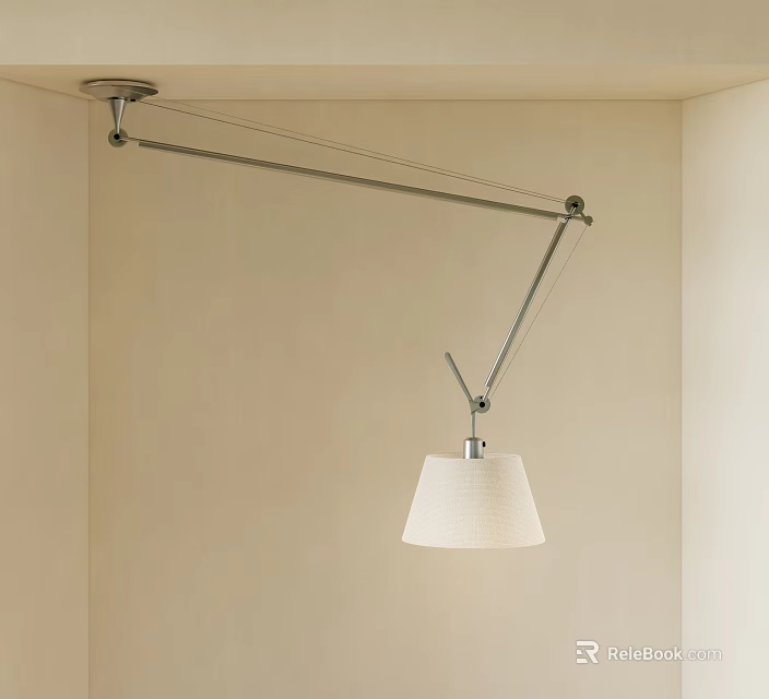 Modern Adjustable Pendant Light With White Fabric Shade And Metal Arm In Minimalist Interior Space 3d model 