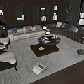 Modern L Shaped Sofa And Wooden Coffee Table Set With Armchairs And Decorative Items