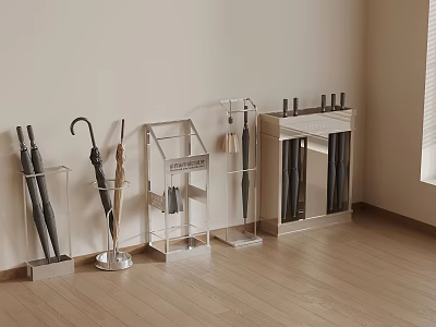 Modern Transparent Umbrella Stands Holding Various Umbrellas In Wooden Floor Room 3d model