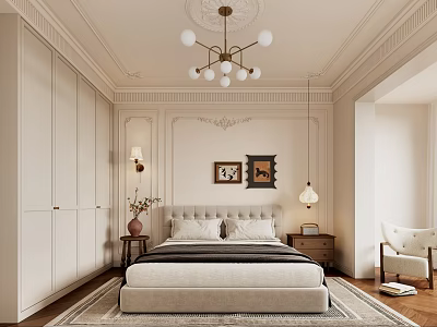 Elegant Bedroom Interior With Bed Nightstand Chair Chandelier Wardrobe Rug And Decorative Painting 3d model