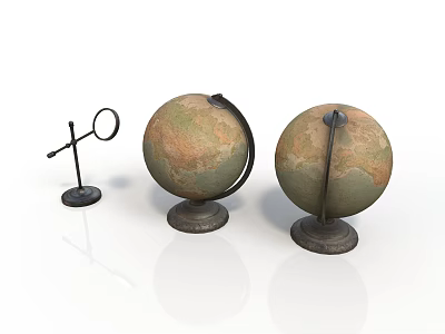 Two Vintage Style Globes And Magnifying Glass As Decorative Household Items 3d model