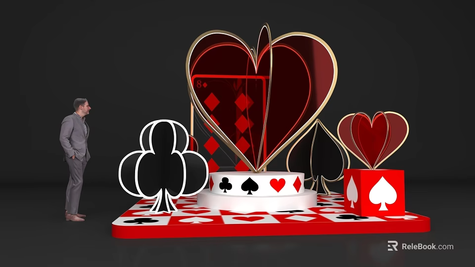 Heart Shaped Photo Check in Spot With Playing Card Symbols And Red Black Decor 3d model 