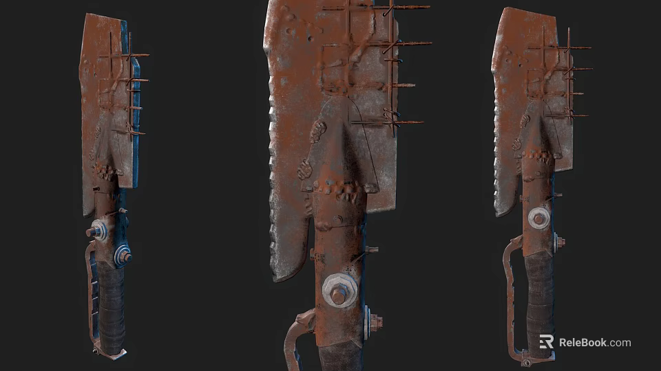 Rusty Metal Knife Shown In Three Angles With Detailed Textured Design 3d model 