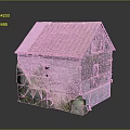 Old Wooden House Model With Red Metal Roof Worn Walls Mossy Exterior And Stone Base