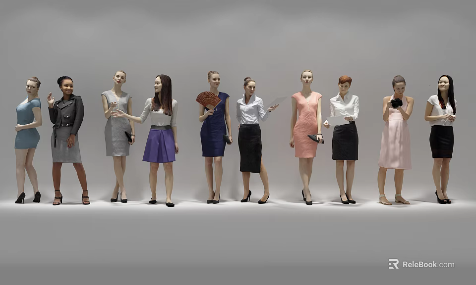 Group of female models in various stylish outfits posing with different accessories against neutral background 3d model 