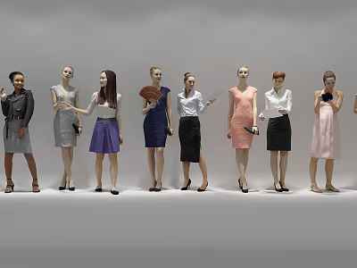 Group of female models in various stylish outfits posing with different accessories against neutral background 3d model