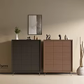 Poliform Modern Console And Side Cabinets With Dark Brown Wooden Design And Decorative Wall Art