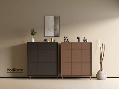 Poliform Modern Console And Side Cabinets With Dark Brown Wooden Design And Decorative Wall Art 3d model