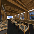 Traditional Wooden Conference Room With Beamed Ceiling Long Tables Chairs And Lattice Windows
