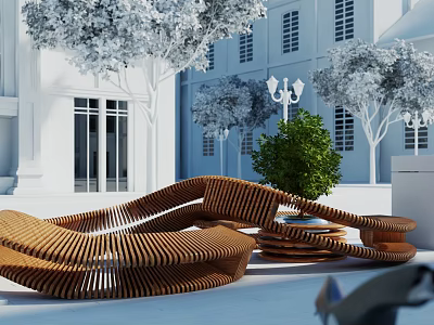 Modern Wooden Outdoor Chairs In Courtyard Scene 3d model