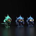 Three Colorful Cartoon Monsters With Big Eyes And Horns On Dark Reflective Surface
