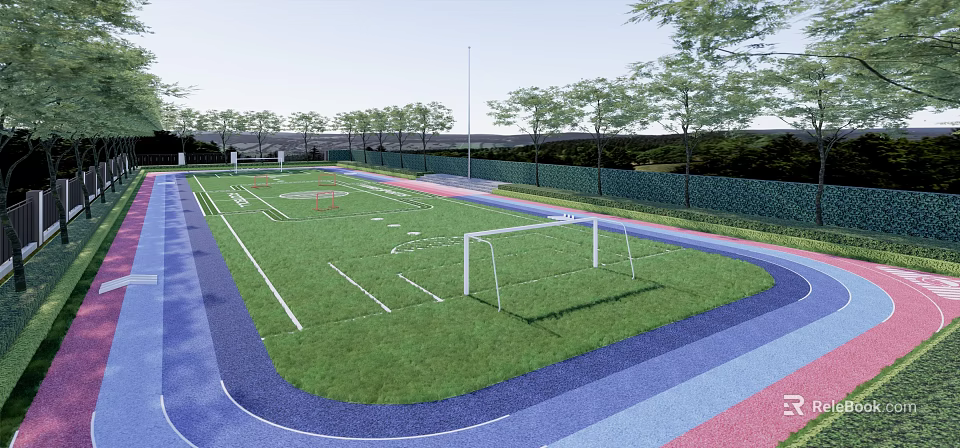 Green Artificial Turf Football Field With White Goalposts Blue Red Running Track 3d model 