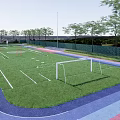 Green Artificial Turf Football Field With White Goalposts Blue Red Running Track