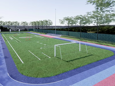 Green Artificial Turf Football Field With White Goalposts Blue Red Running Track 3d model