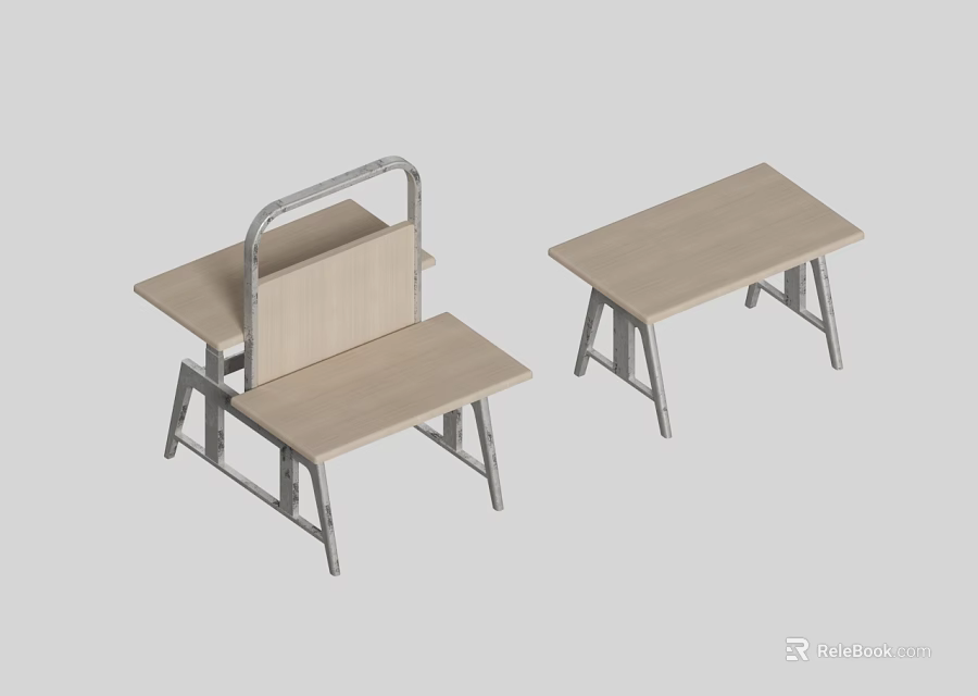 Two Modern Stools With Wooden Seats Metal Frames And One With Backrest 3d model 