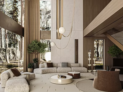 Modern Duplex Living Room Interior With Large Windows Hanging Pendant Lights Comfy Sofa And Green Plants 3d model