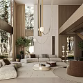 Modern Duplex Living Room Interior With Large Windows Hanging Pendant Lights Comfy Sofa And Green Plants