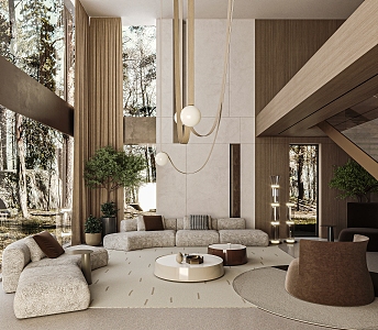 Modern Log Villa Living Room Pick Empty Villa Living Room Stairs L-shaped Glass Round Sofa Leather Chandelier 3d model