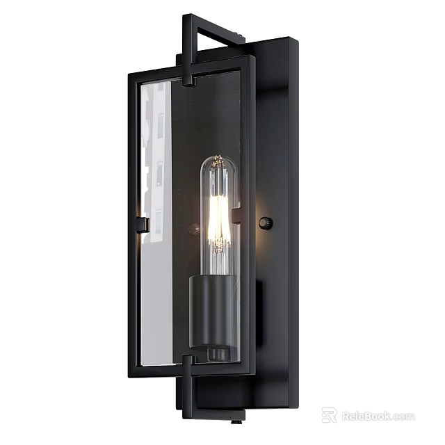 Modern Black Frame Wall Light With Transparent Glass Panel And Illuminated Vintage Bulb 3d model 