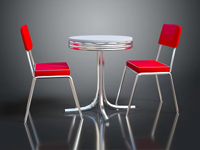Elegant Round Silver Table And Two Red Chairs With Metal Frame In Reflective Surface 3d model